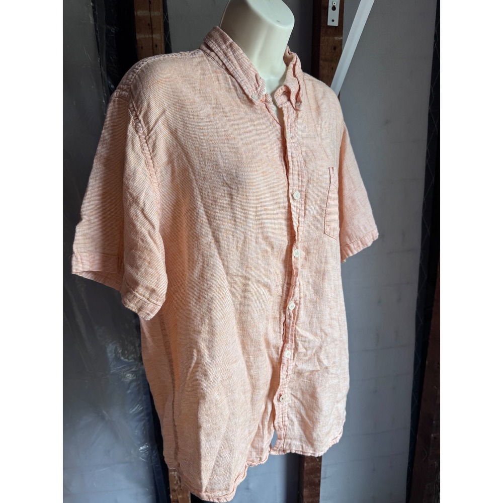 Weatherproof Vintage Mens XL Orange Striped Washable Linen Short Sleeve Shirt